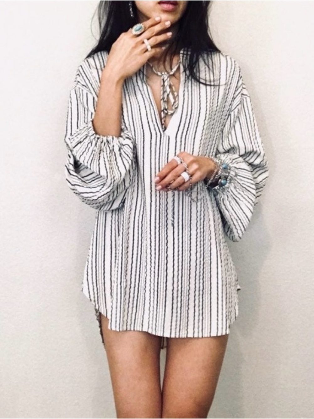 Free People White and Black Striped Midi Dress
